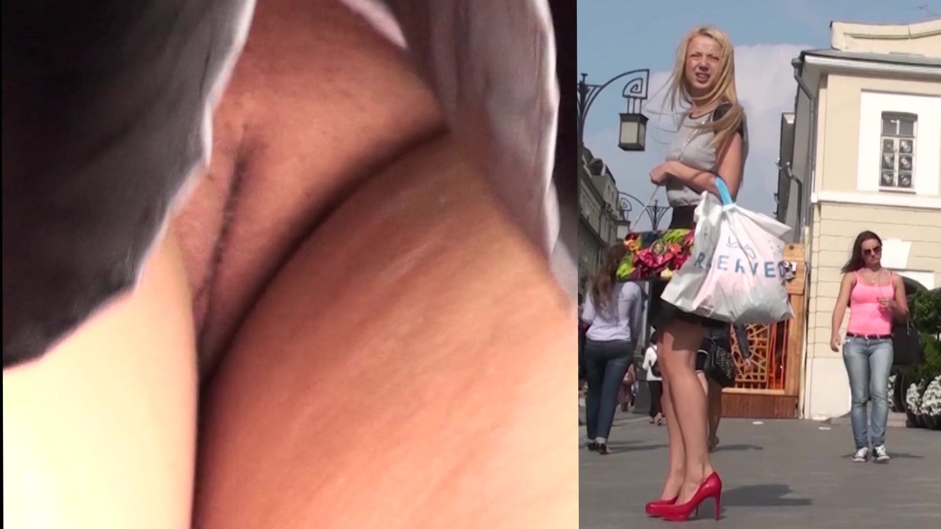 Мужик тайно записал на камеру блондинку без трусиков в юбке